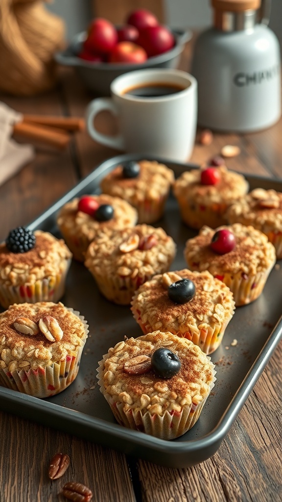Healthy Baked Oatmeal Breakfast Cups - 6 Variations Baked oatmeal breakfast cups with fruits and nuts on a wooden table with coffee.